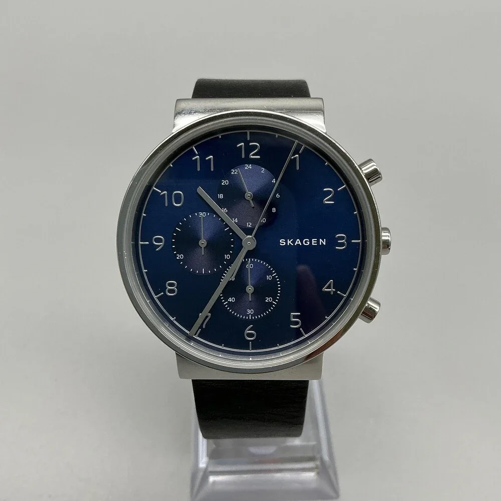 Skagen Ancher SKW6477 Mens Watch 40mm Blue Dial Black Leather Chrono New Battery